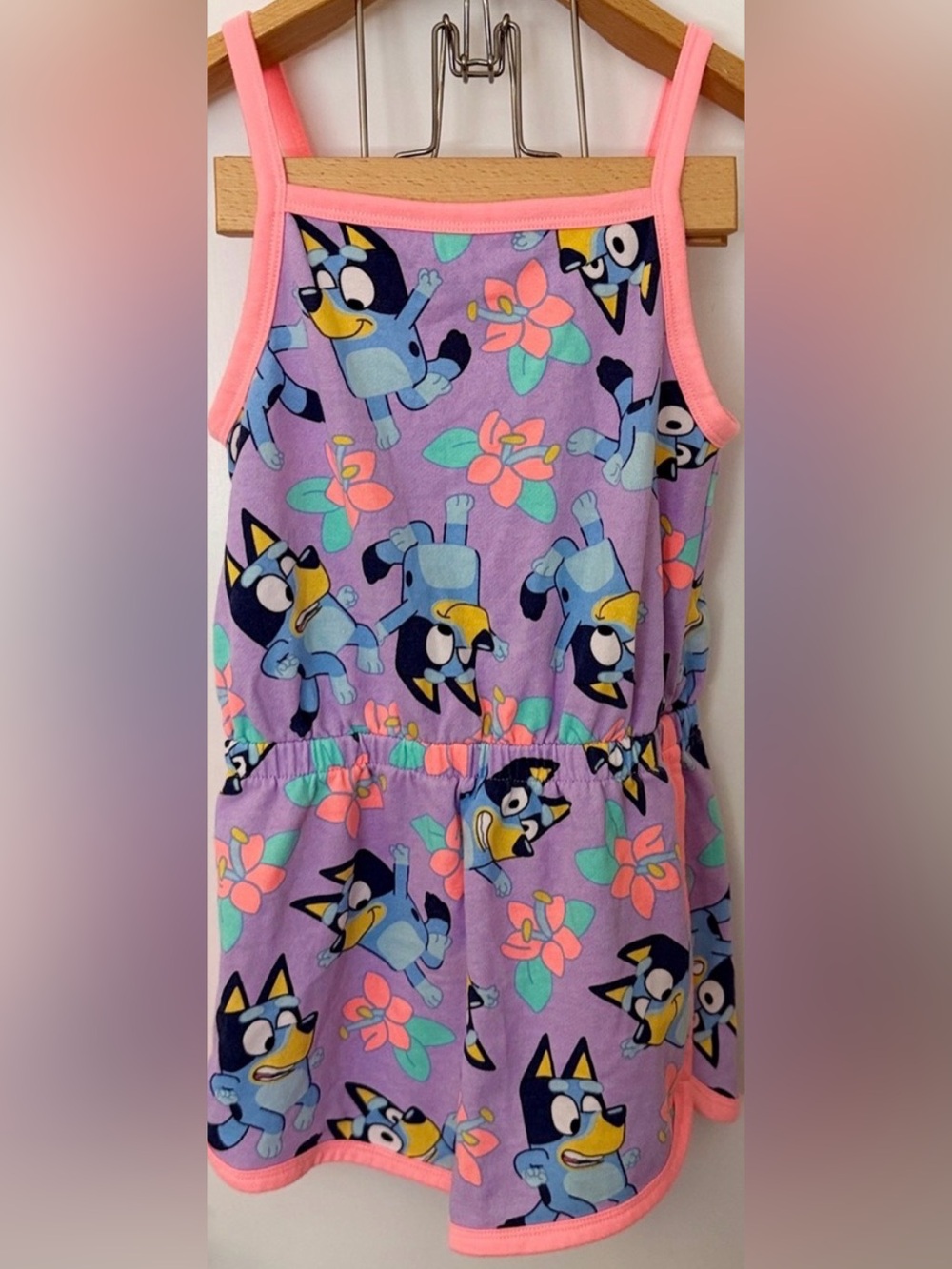 Girls' Purple Cartoon Dog Romper with Pink Trim